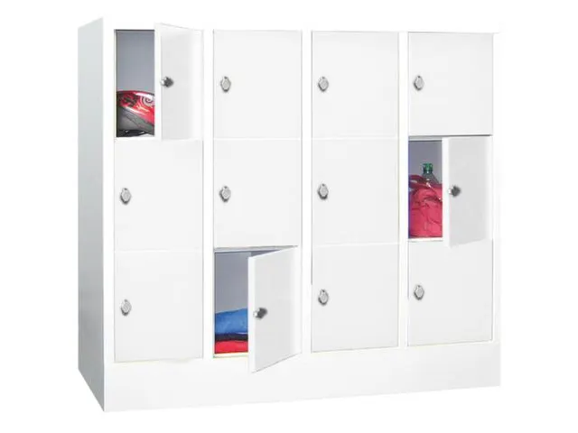 lockerkast,HxBxD 1187x1200x500mm,4x3vakken,RAL7035,front RAL3000