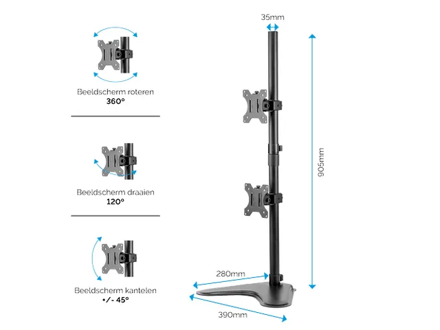 Bras écran Fellowes Seasa double vertical sur pied noir
