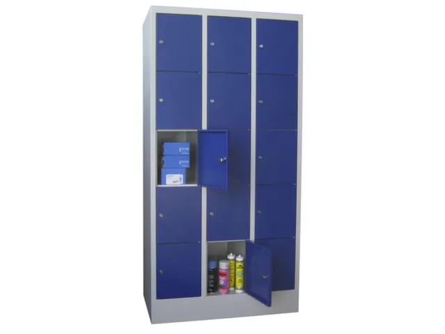 lockerkast,HxBxD 1850x900x500mm,3x5vakken,RAL7035,front RAL5010