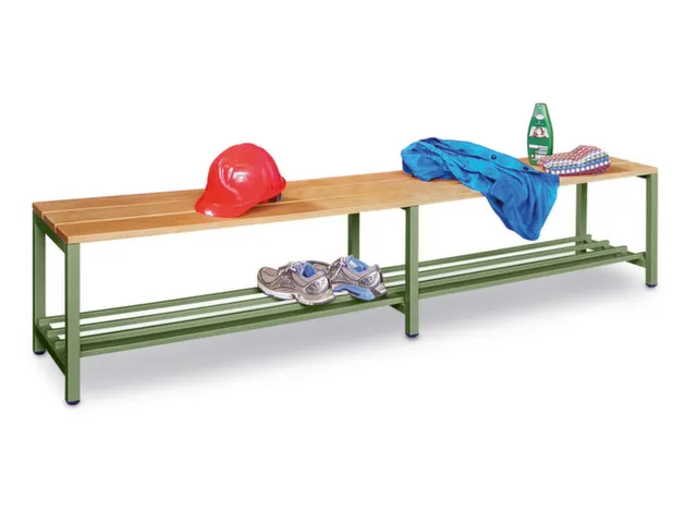 banc-patère,LxP 2000x370mm,barrettes en bois hêtre,piètement RAL601