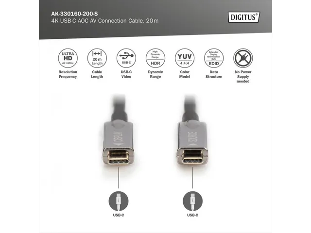 HDMI AOC hybride glasvezelkabel type USB C-USB C St/St 20m UHD 4 Zwart
