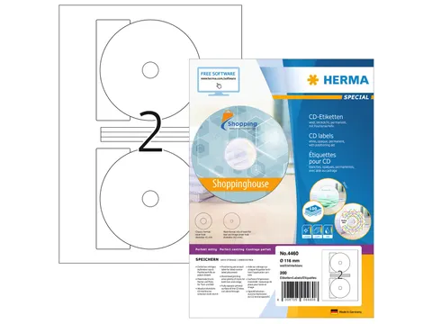 HERMA 4460 CD-etiketten Maxi A4 Ø 116mm/18,5mm mat Wit 200 stuks