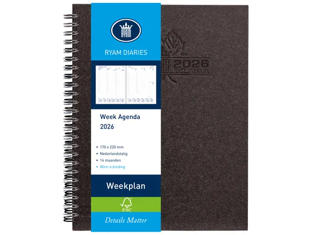 Agenda 2026 Ryam Weekplan Wire-o 7dagen/2pagina's zwart