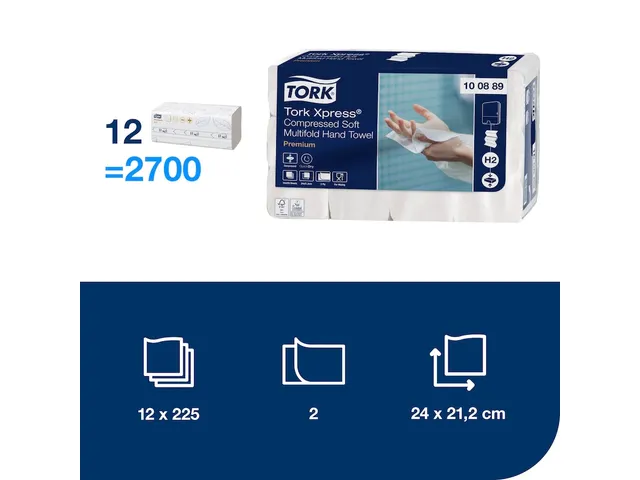 Handdoek Tork 100889 H2 Xpress compressed Premium 2-Laags Wit