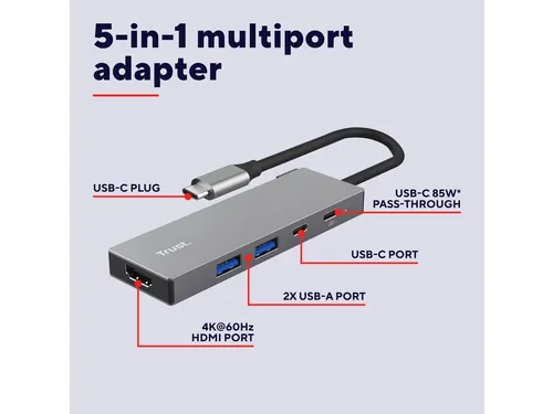 Adapter Trust Dalyx 5-in-1 USB-C-adapter met meerdere poorten grijs