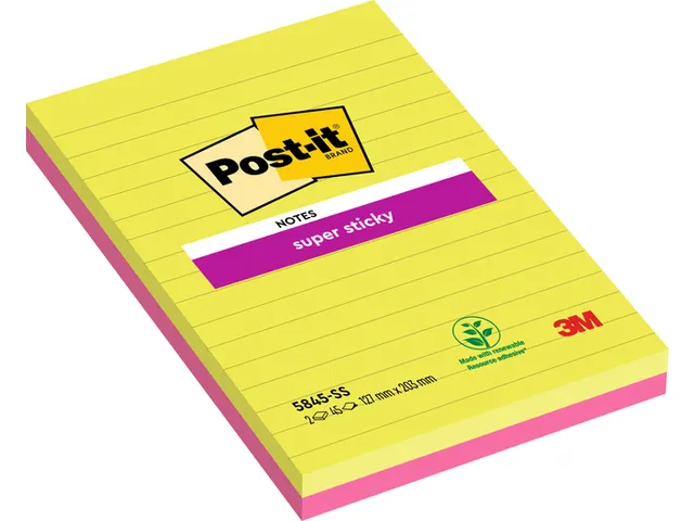Memoblok 3M Post-it 5845 Super Sticky 127x203mm lijn assorti kleur 90
