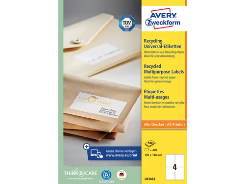 Etiket Avery Zweckform LR3483 105x148mm A6 recycled Wit 400 stuks