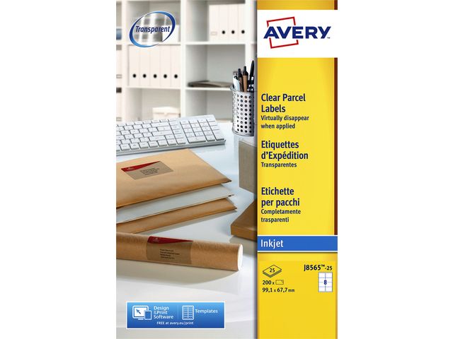 Etiket Avery J8565-25 99.1x67.7mm Transparant 200 Stuks