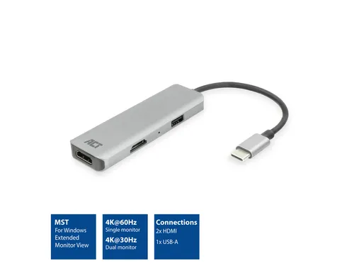 Adapter ACT USB-C 4K multiport voor 2 HDMI monitoren