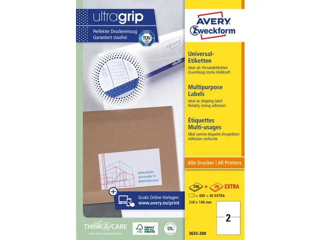 Etiket Avery Zweckform 3655-200 210x148mm A5 wit 400stuks