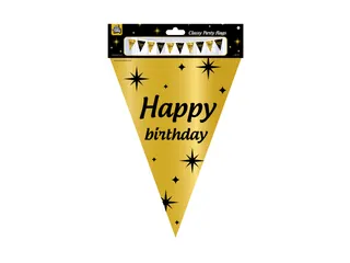Slinger Folie vlaggen Party Flag Foil 'Happy Birthday' Goud-Zwart 10m - 2