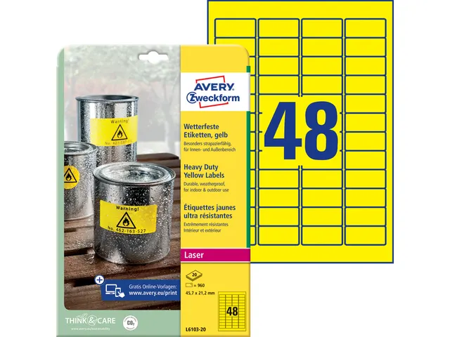 Avery Zweckform Ultra sterk etiket L6103-20 45.7x21.2mm Geel 960 stuks