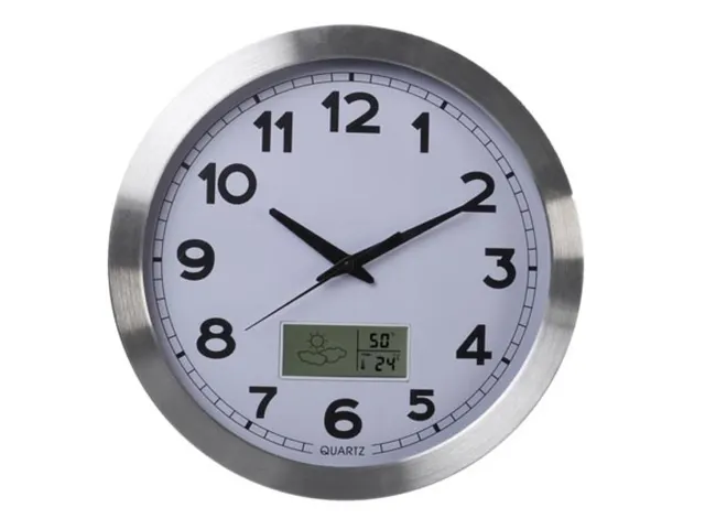 Aluminium Wandklok Lcd-display Thermometer Hygrometer & Weer 35.5cm