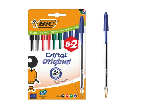 Balpen Bic Cristal medium assorti blister à 8+2 gratis