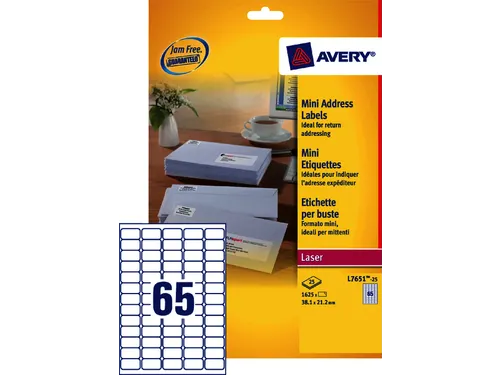 Etiket Avery L7651-25 38.1x21.2mm Laserprinter Wit 1625 stuks