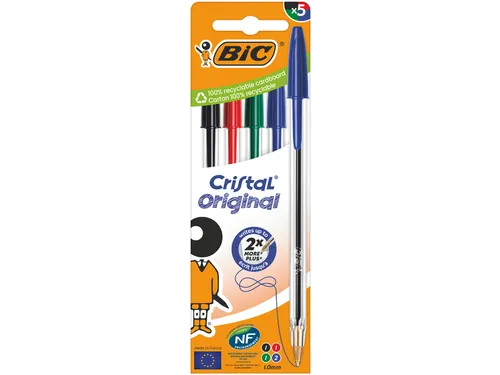 Balpen Bic Cristal medium assorti blister à 5 stuks