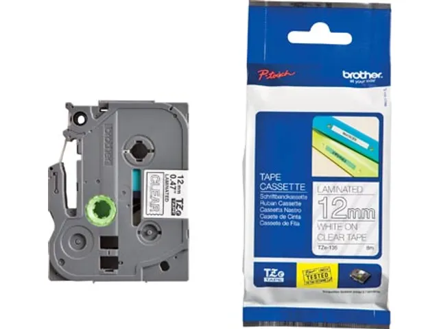 TZe tape voor P-Touch 12 mm, wit op transparant