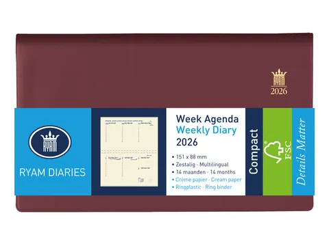 Agenda 2026 Ryam Compact Suprema 7dagen/2pagina's ringplastic bordeaux