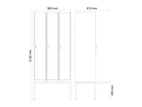 locker met bank,HxBxD 2120x900x815mm,3vak,vak B 300mm,draaigrendel