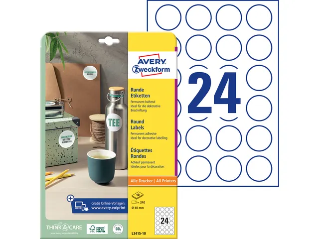 Etiket Avery L3415-10 rond 40mm wit 240stuks