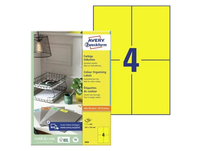 Gekleurde Etiketten Avery Zweckform 105x148mm A6 Geel 400 stuks