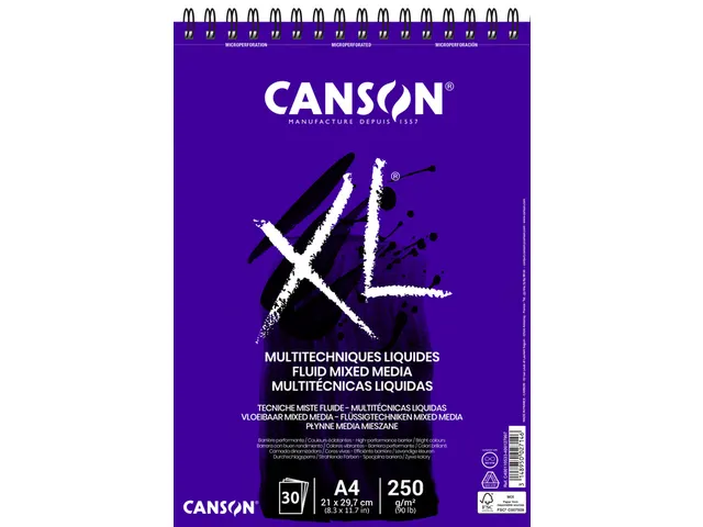 Mixed mediapapier Canson XL Fluid Mixed Media 30vel 250gr A4 extra wit