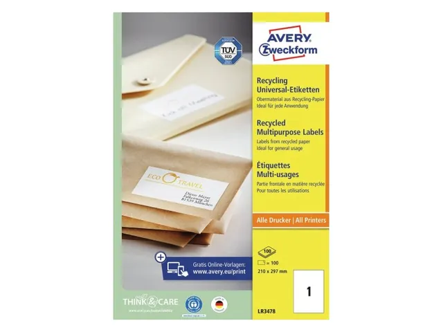Etiket Avery Zweckform LR3478 210x297mm A4 recycled Wit 100 stuks