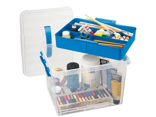 Q-line opbergbox 22L met bakje transparant blauw - 40x30x26cm