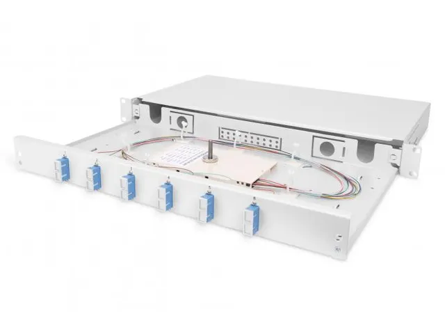 FO-lasbox 1U uitgerust,6x SC DX OS2 incl. lascassette gekleurde pigtai