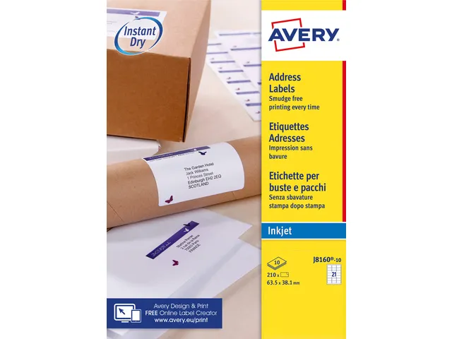 inkjetetiket Avery 63,5x38,1mm wit 10 vel 21 etiketten per vel