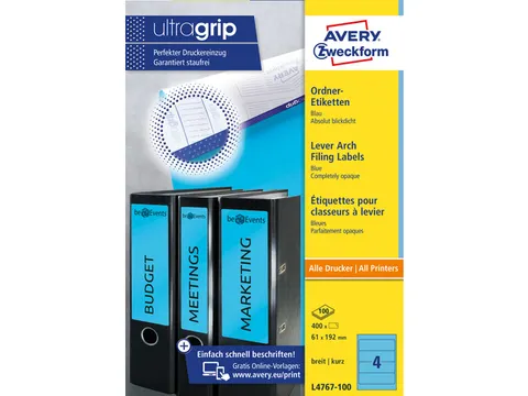 ordnerrugetiket Avery 192x61mm blauw 100 vel 4 etiketten per vel