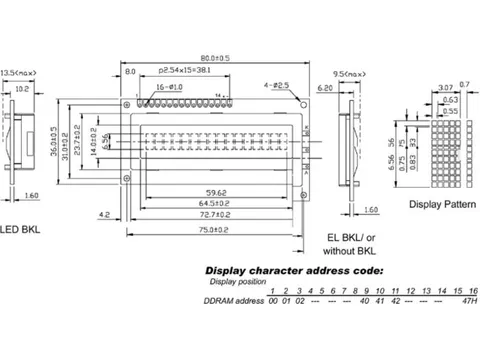 LCD 16 x 1 Bottom View Reflectief