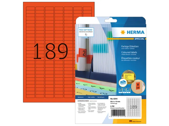 HERMA 4244 Gekleurde etiketten A4 25,4x10mm Rood 3780 stuks