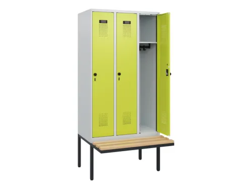 locker met bank,HxBxD 1950x900x815mm,3vak,vak B 300mm,draaigrendel