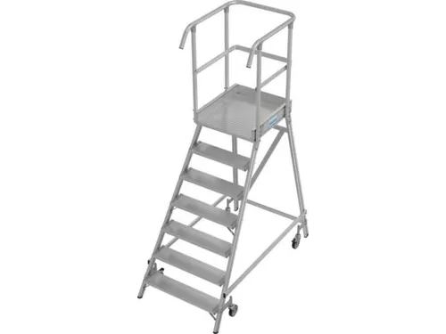 bordestrap,verrijdbaar,bordes H 1,7m,7treden,aluminium,4zwenkwielen