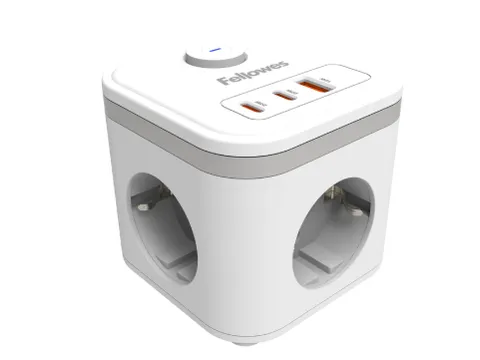Stekkerblok Fellowes Power Cube F 3-voudig 1xUSB A 2xUSB C 2m wit