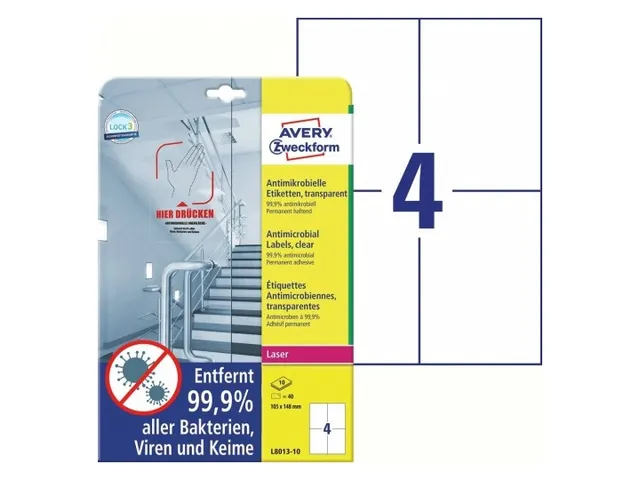 Étiquettes antimicrobien impr. 105x148mm,transp. imprimant laser, cop