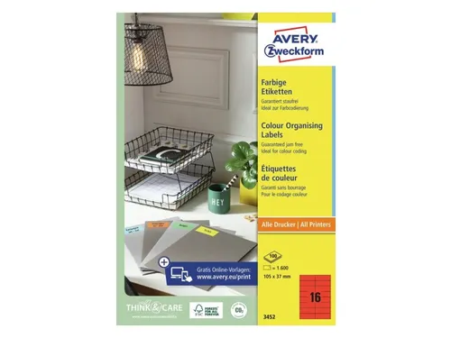 Gekleurde Etiketten Avery Zweckform 105x37mm Rood 1600 stuks