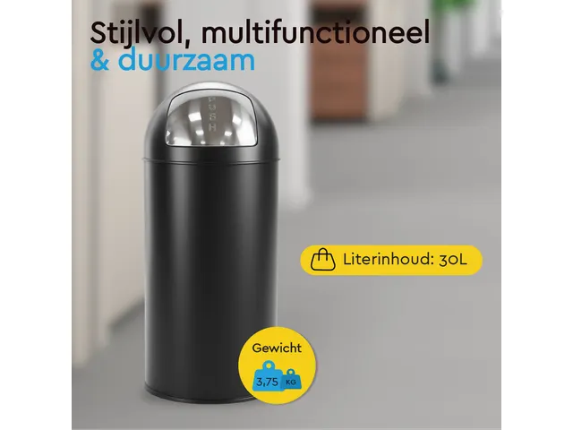 BRASQ PB230+ Push Bin Prullenbak 30 Liter Zwart