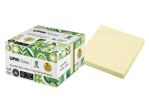 Sticky notes UPM recycled 75x75mm geel blok 100 vel, doos 4x blok