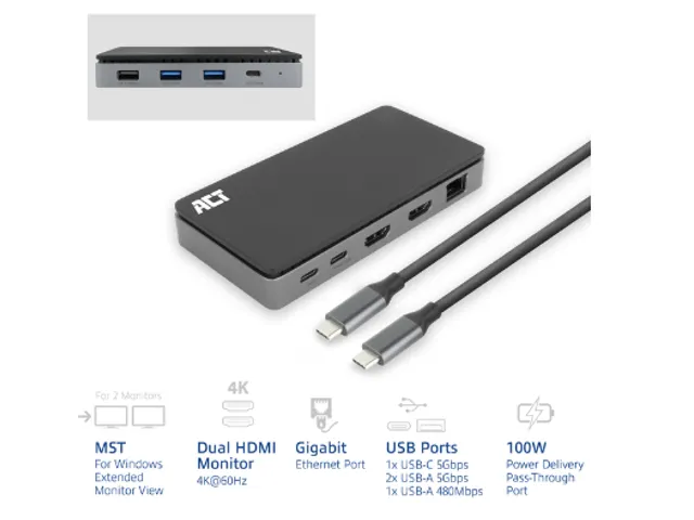 Dockingstation ACT USB-C 4K MST voor 2 HDMI monitoren
