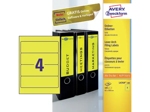 Rugetiket Avery Zweckform breed 192x61mm Geel L4769 400 stuks