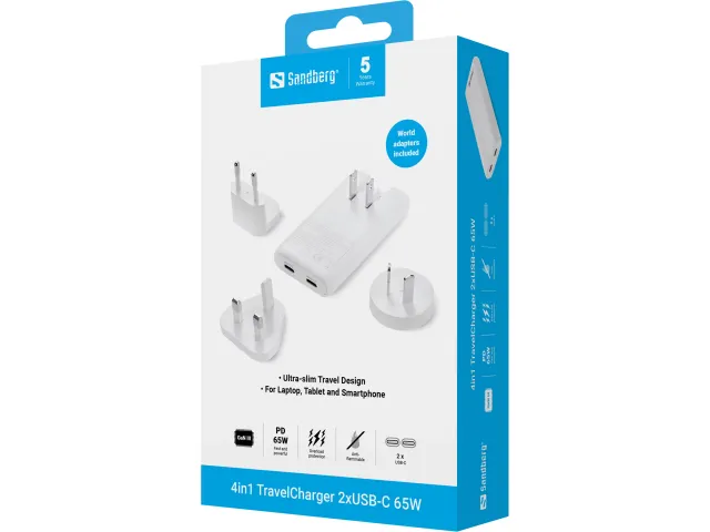 Sandberg 4-in-1 Travelcharger 2x USB-C 65W incl. wereldadapters