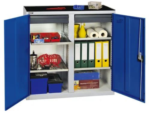 Materiaalkast 1000x1000x500mm 4legborden Uitschuifbaar 2laden Ral5010