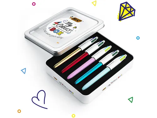 Balpen Bic 4kleuren My Bic medium assorti blik à 5 stuks