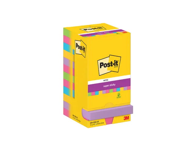 Memoblok Post-it 654 Super Sticky 76x76mm 90 vel rainbow 12 stuks