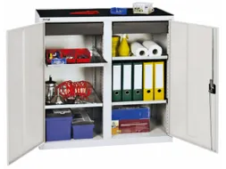 Materiaalkast 1000x1000x500mm 4legborden Uitschuifbaar 2laden Ral7035