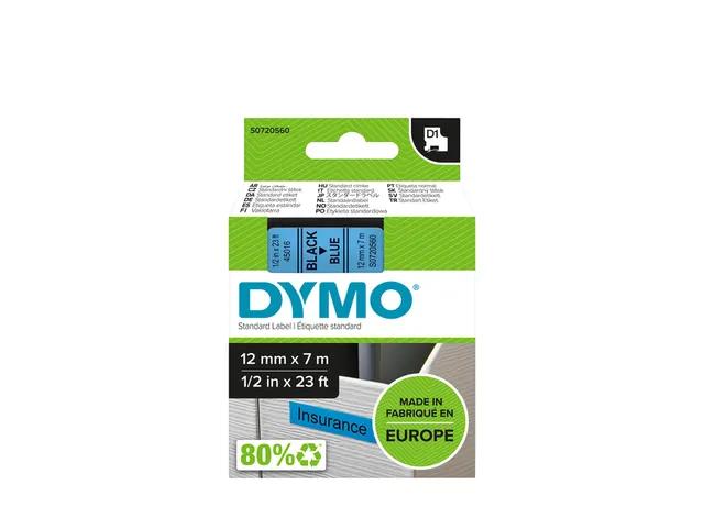 Labeltape Dymo 45016 D1 S720560 12mmx7m zwart op blauw