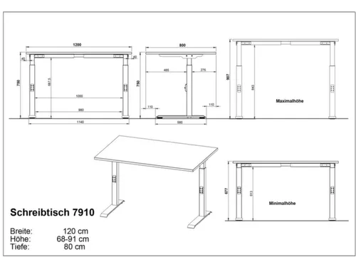 In hoogte verstelbaar bureau,HxBxD 680-910x1200x800mm,blad wit