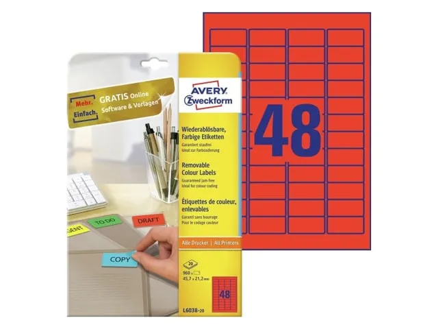 etiket Avery ILK 45,7x21,2mm 20 vel 48 etiketten per vel rood